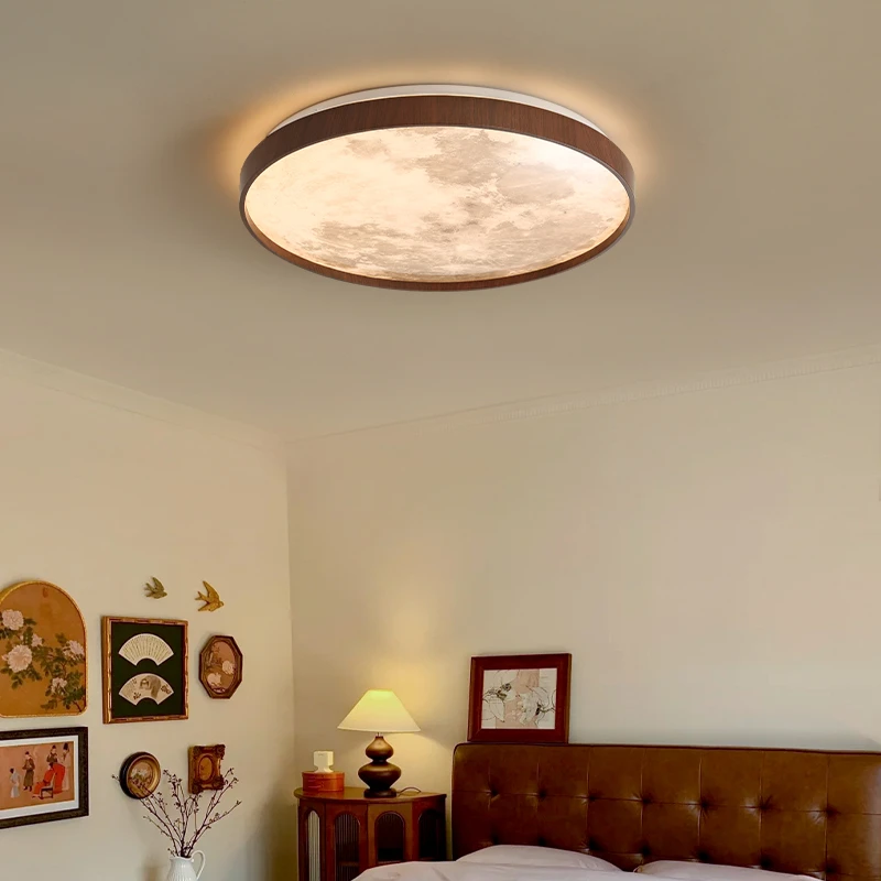 胡桃木色卧室灯圆形全光谱LED吸顶灯复古中古风餐厅书房间阳台灯
