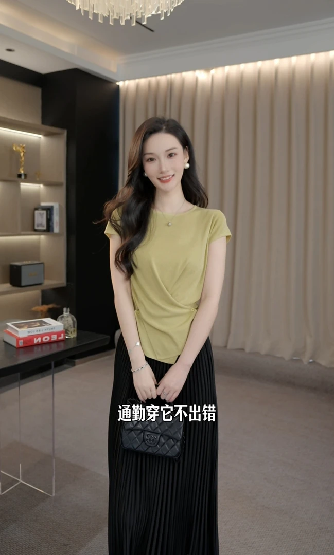 设计感收腰交叉纽扣女舒适软糯时尚套头圆领上衣休闲百搭减龄