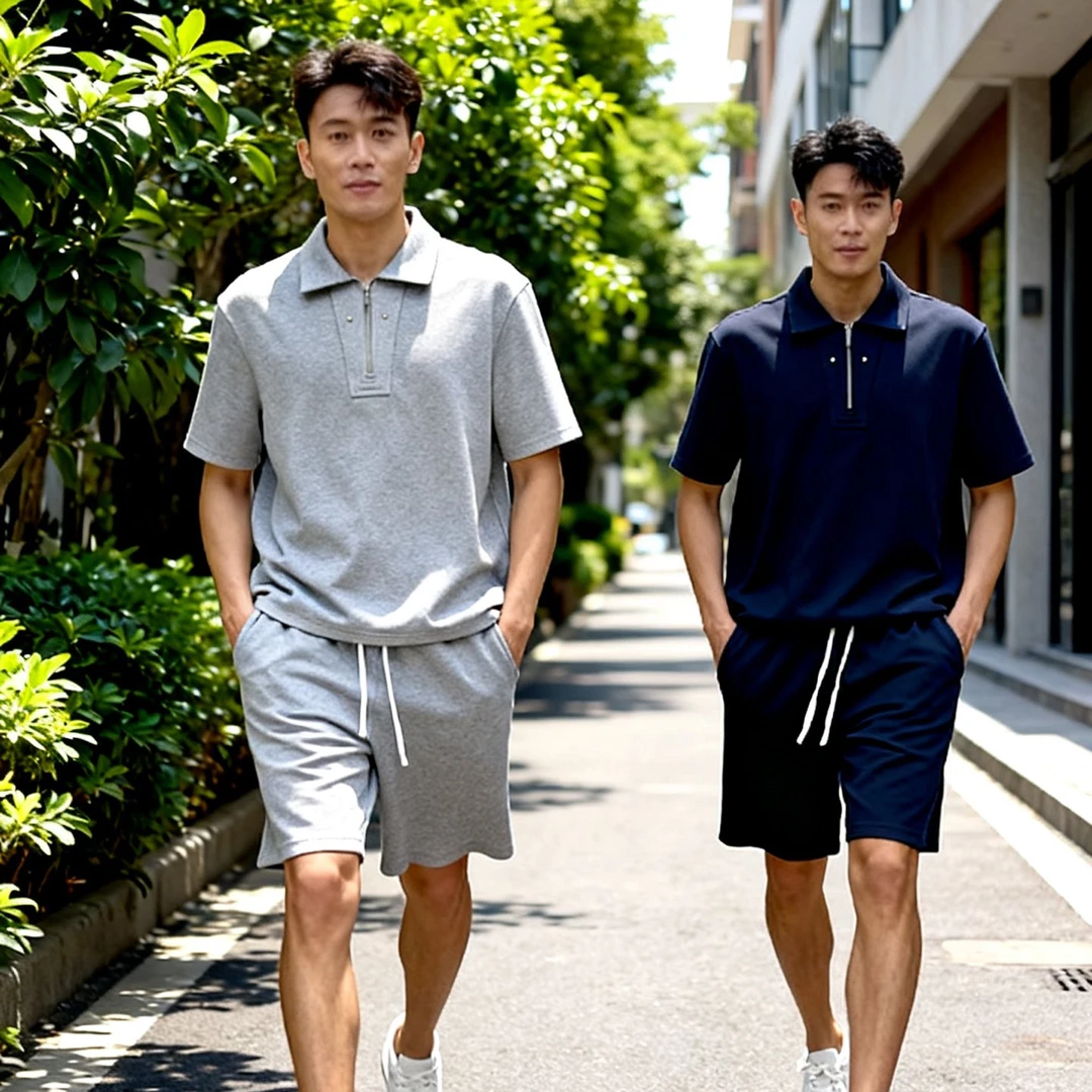 BL-25年新款气质休闲夏季翻领时尚款男士套装（黑灰双色卡码拍大）