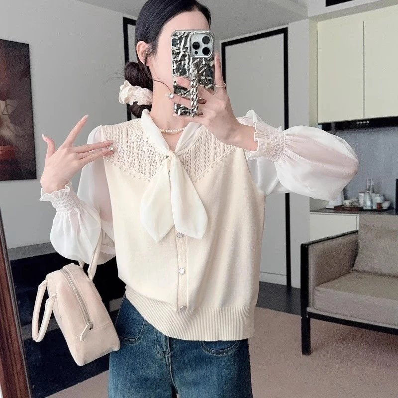 法式高级感长袖针织衬衫女2025春季新款气质宽松百搭设计感上衣女
