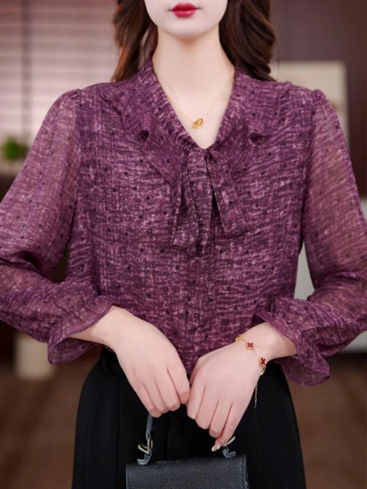 洋气花色飘带小衫春季新款H气质妈妈装减龄百搭显瘦套头上衣女