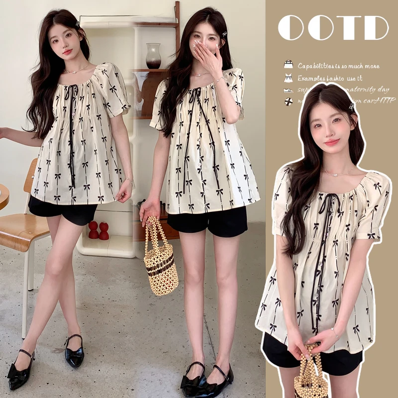 2025夏凉款蝴蝶结短袖衬衫搭配托腹短裤孕妇两件套时尚减龄