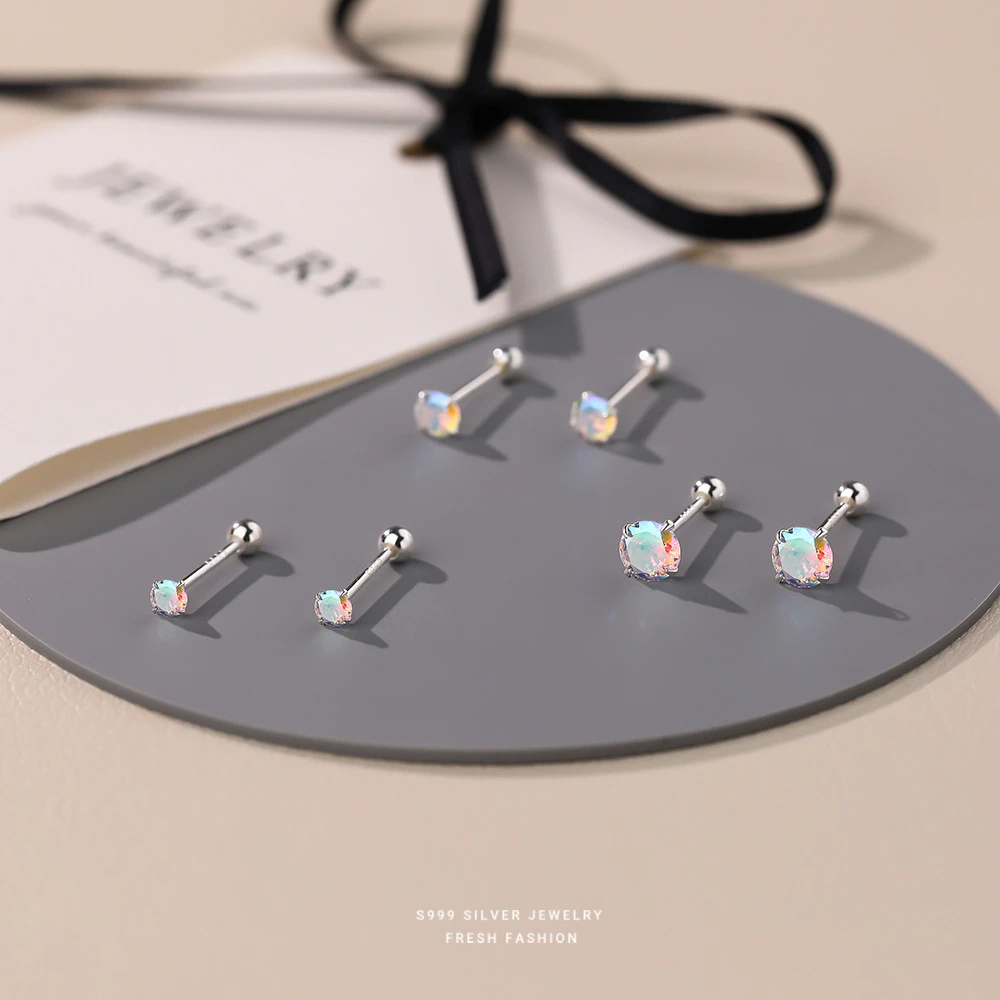 简约轻奢幻彩锆石耳钉女s999纯银极简风百搭拧螺丝足银耳饰代发