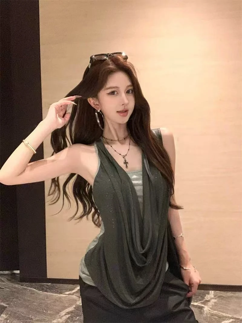 拼接假两件荡领吊带背心女夏季设计感修身撞色外穿辣妹中长款上衣