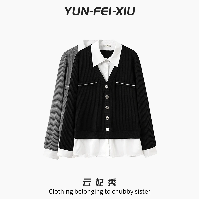 云妃秀大码女装衬衫时尚休闲胖妹妹显瘦宽松假两件上衣秋季33380
