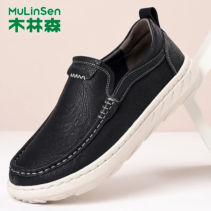 木林森2025新款休闲皮鞋增高通勤黑色皮鞋秋季老北京鞋爸爸鞋男鞋