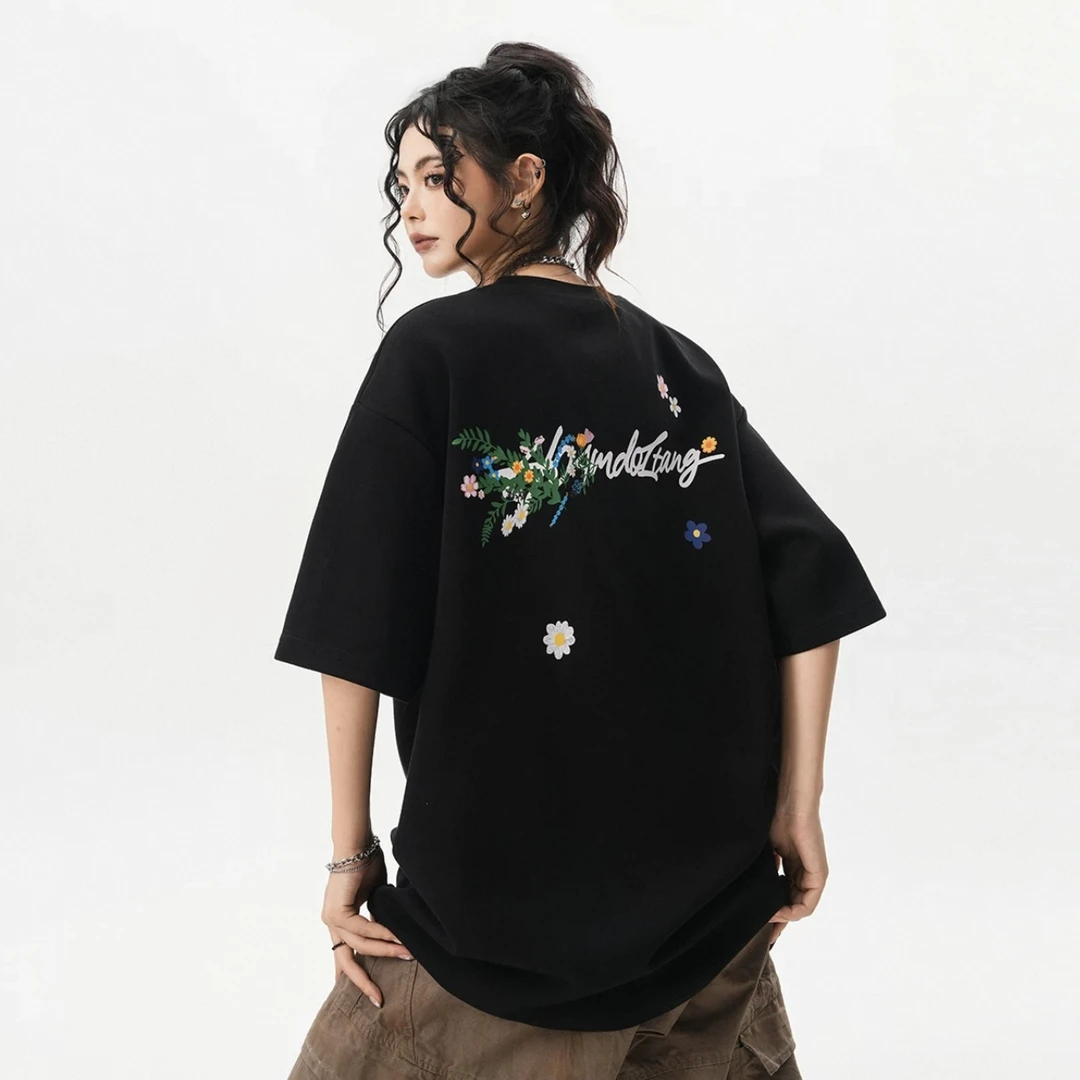 夏季美式重磅趣味花卉印花短袖男女情侣宽松休闲潮流T恤-TX909