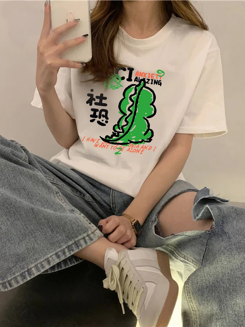 网红时尚洋气女生韩系ins新款百搭小众印花炸街慵懒风女装短袖T恤