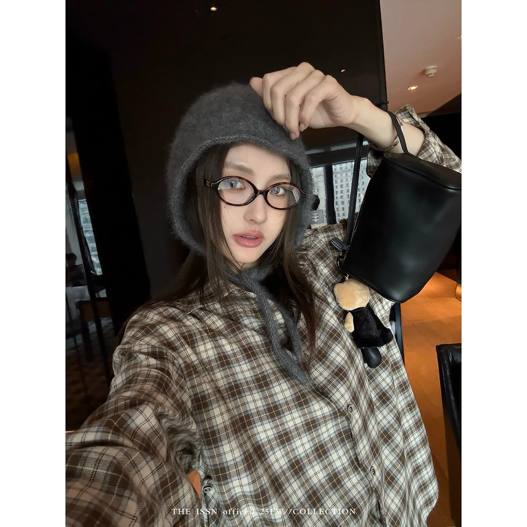 THEISSN宁司 咖色格纹长袖衬衫女秋季设计感宽松上衣 01478