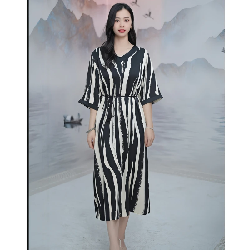 省心穿搭2502水墨撞色条纹时尚款气质显瘦高端国风款女装连衣裙