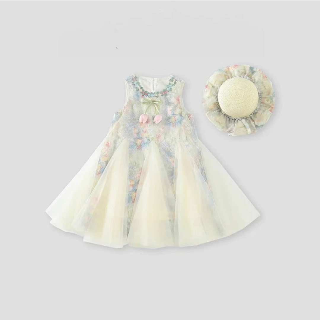 【千人购买】2025款女童夏季时尚郁金香花朵网纱甜美女童爆款连衣裙