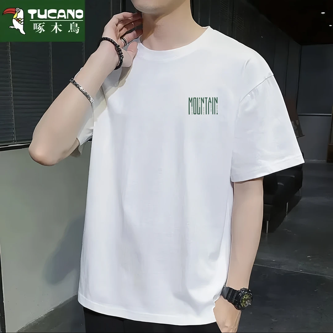 啄木鸟纯棉圆领短袖t恤男2025休闲夏季百搭新款简约上衣体恤衫男t