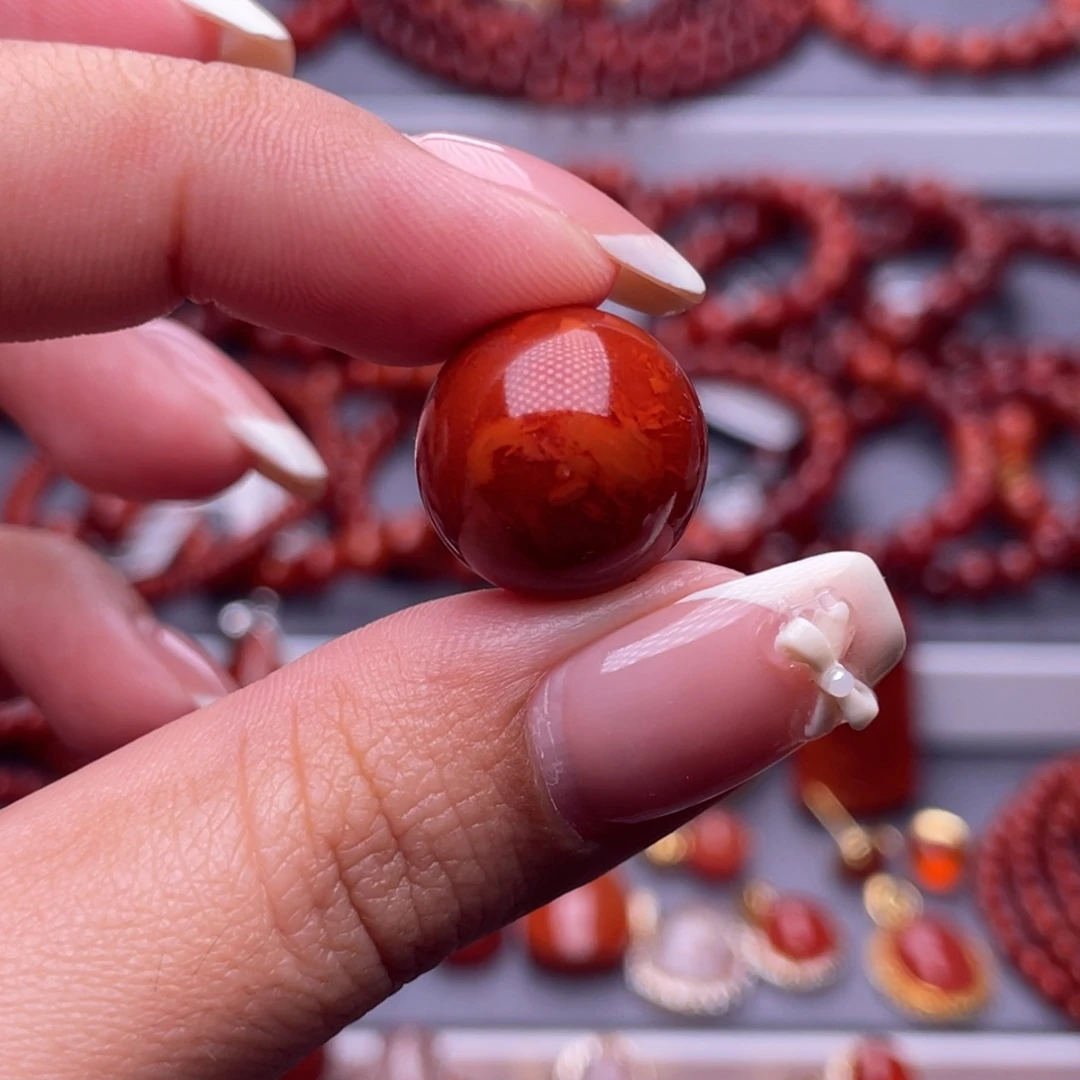 南红玛瑙未镶嵌其他原矿）收藏级16.2mm瓦西玫红满肉火焰圆珠