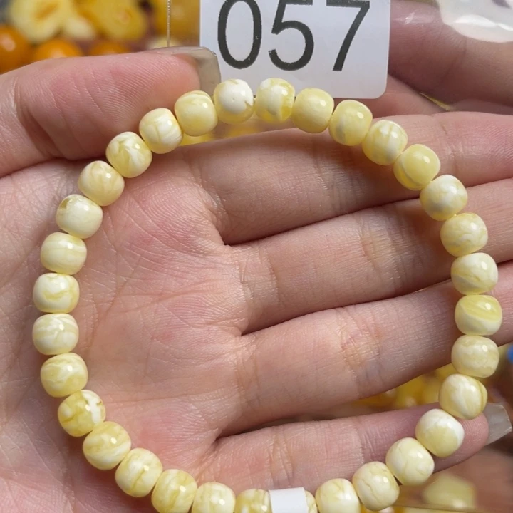 蜜蜡未镶嵌珠宝奇石瓷白妖花虎皮纹手串卡6+微微瑕