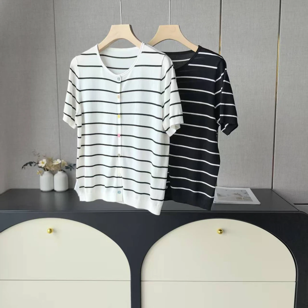 木子家  I  FL766【多巴胺彩扣条纹】卷边桑蚕丝短袖开衫