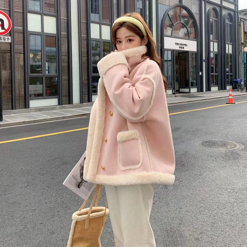 L7669  仿羊羔毛外套女2025秋新款韩系宽松仿麂皮绒皮毛一体加绒