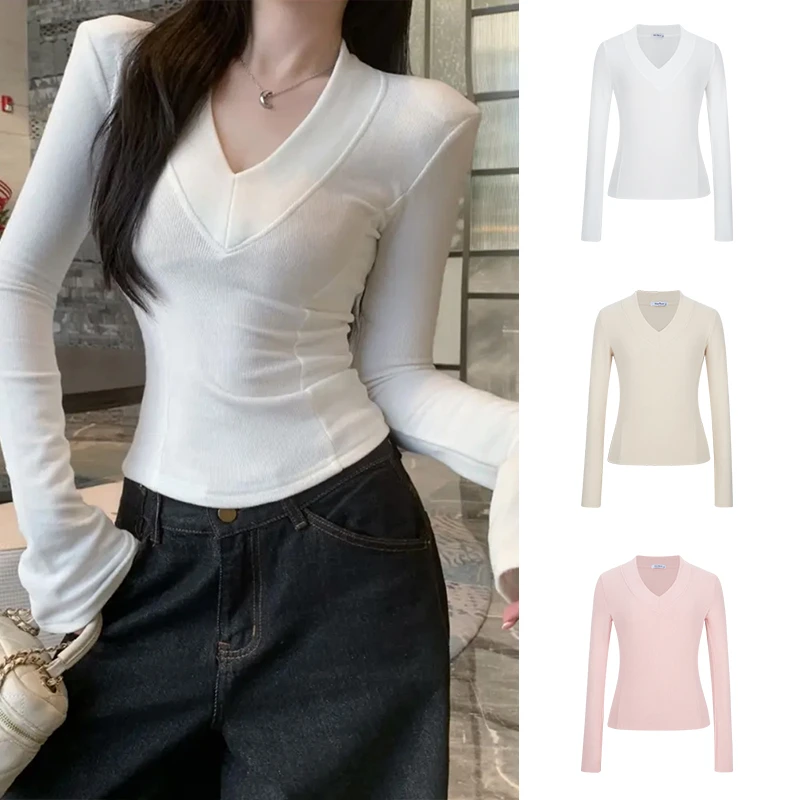 Moses Queen/魔西女王早秋甜辣妹V领正肩长袖T恤女修身显瘦打底衫