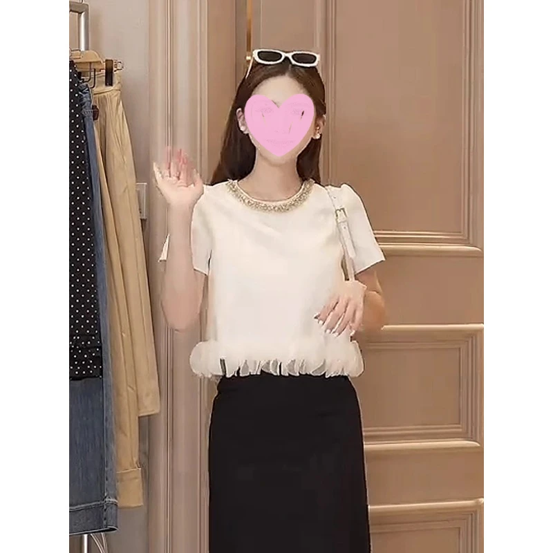 周楚楚同款女装夏季洋气小香风镶钻圆领小衫花瓣下摆独特别致上衣