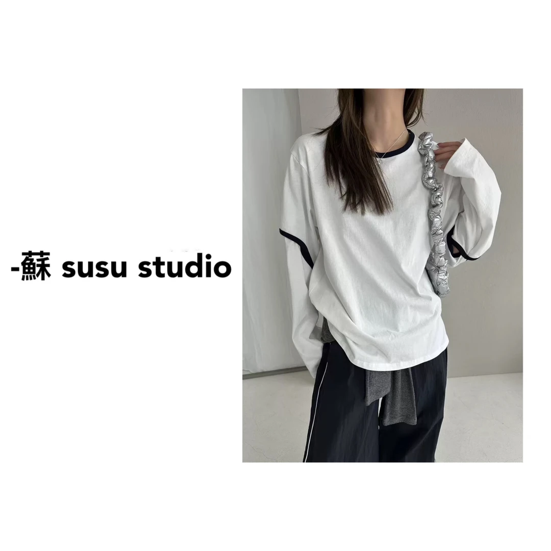 SU 欧货小众设计感撞色宽松大板长袖T  H0182