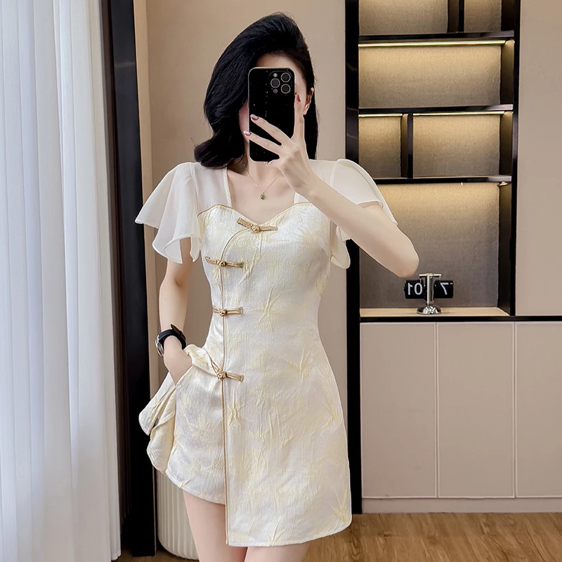 2025夏季小个子时尚改良旗袍盘扣新中式提花连衣裙短裤两件套8087