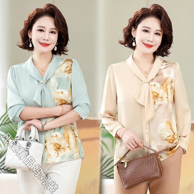 洋气妈妈装长袖衬衫春夏季新款减龄别致小衫中年女显瘦遮肉打底衫