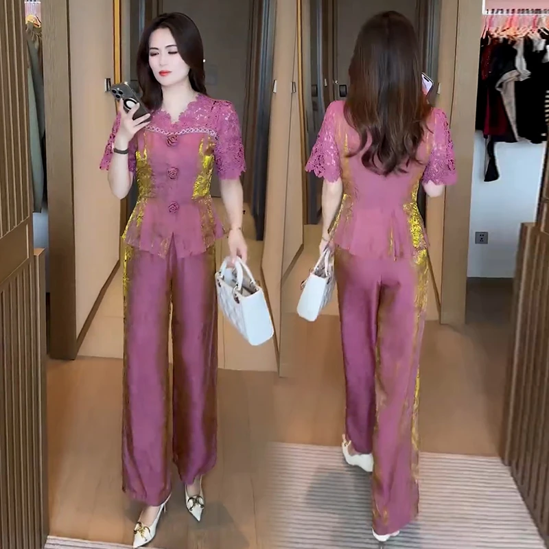 时尚洋气套装女2025夏季新款减龄显瘦镂空设计蕾丝拼接阔腿裤套装