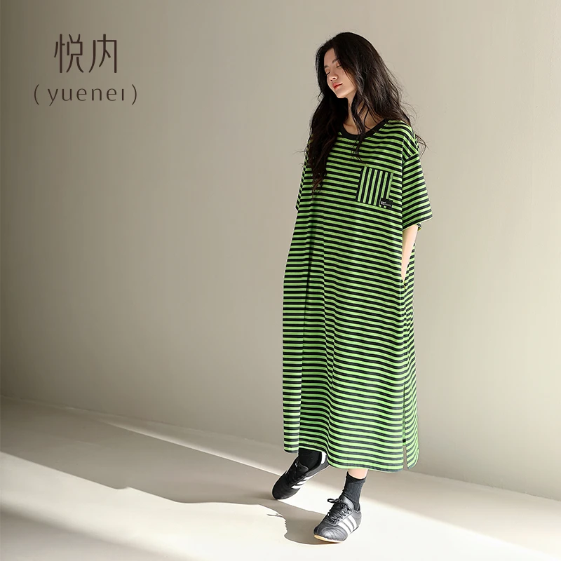 悦内睡裙女士夏季夏天纯棉短袖长款宽松大码条纹慵懒睡衣裙可外穿