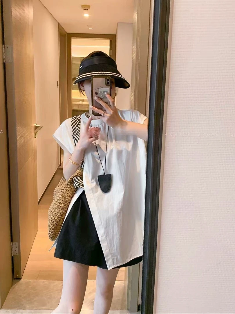 白色设计感短袖不规则衬衫女2025年夏季时尚开叉上衣