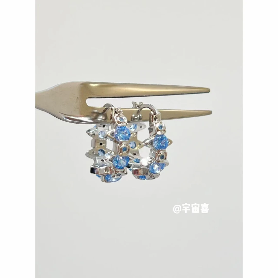 铜合金锆石耳饰 A2-083【冰融蓝海蓝锆星球耳扣耳圈】