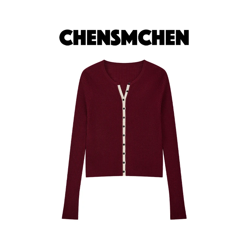 CHENSMCHEN 100绵羊毛长袖撞色针织衫女休闲百搭打底衫CSZ7125WY