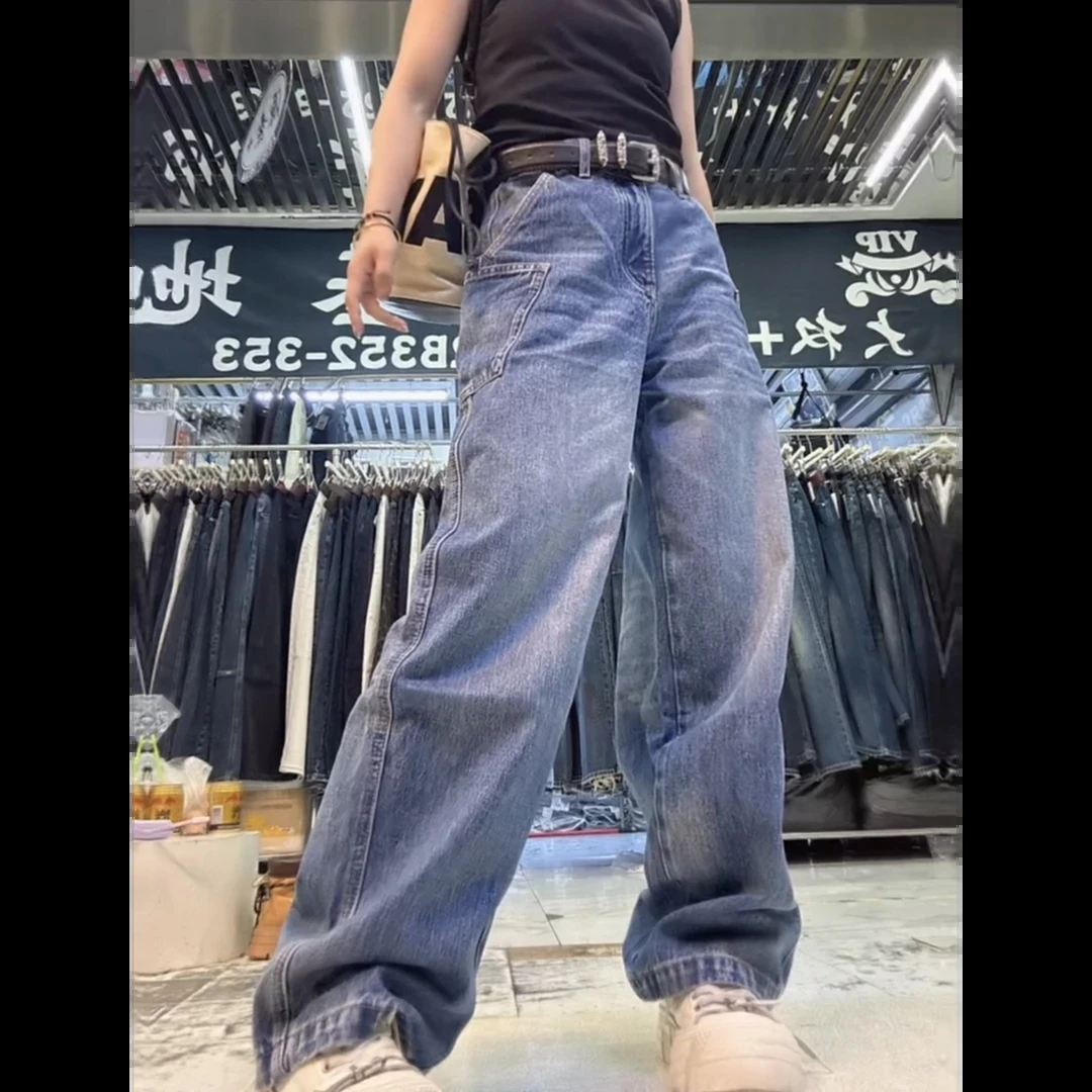 大码复古美式高街阔腿牛仔裤女秋季胖mm梨型显瘦宽松拖地直筒裤子