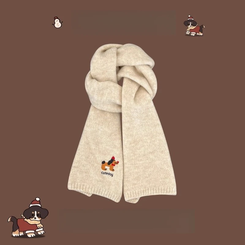 日系可爱小狗刺绣针织围巾秋冬保暖防寒时尚百搭高级感围脖学生cy