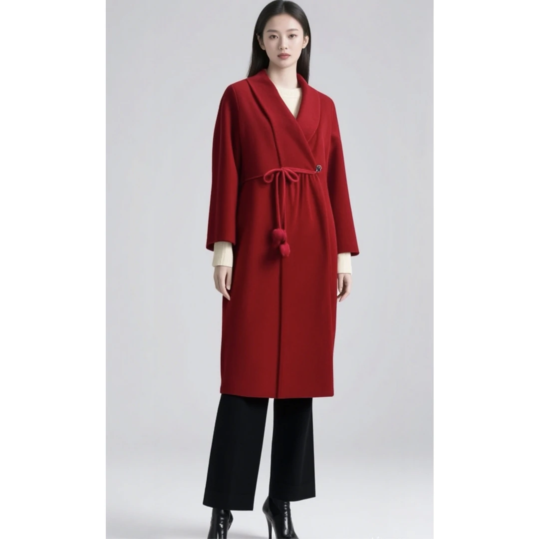 YAHONGNA秋冬纯色青果领外套女士双面时尚气质长款大衣红色中长款
