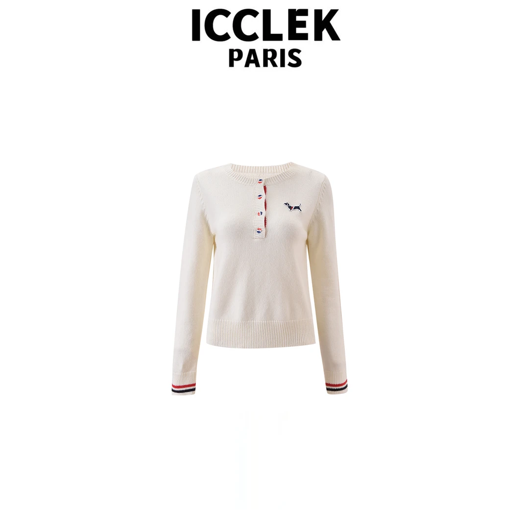 ICCLEK 秋冬轻奢名媛白色圆领长袖套头针织衫减龄时尚上衣 - 9258