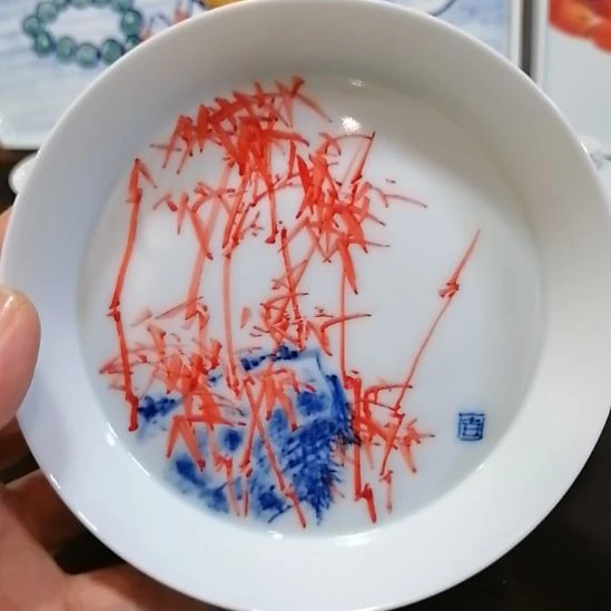 摆件陶景德镇陶瓷手绘红竹壶承直径14cm