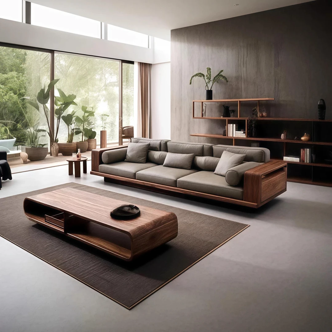 宋氏美学黑胡桃木四人位直排沙发中古风民宿酒店会所大厅家具定制