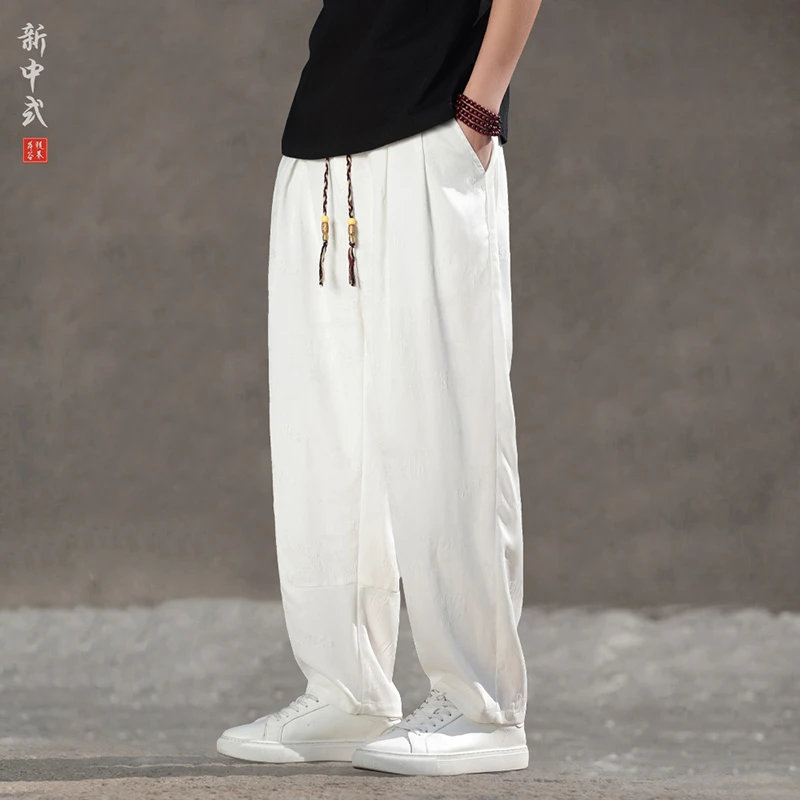 新中式暗纹宽松百搭休闲裤中国风薄款透气哈伦裤国风大码直筒长裤