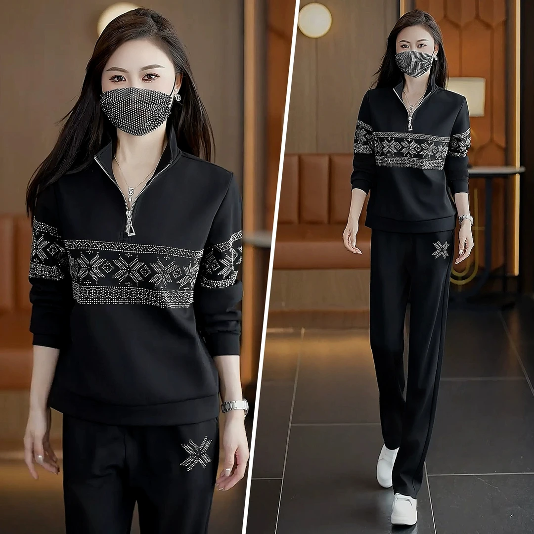 时尚休闲运动套装女春秋2025新款洋气妈妈立领宽松显瘦跑步两件套