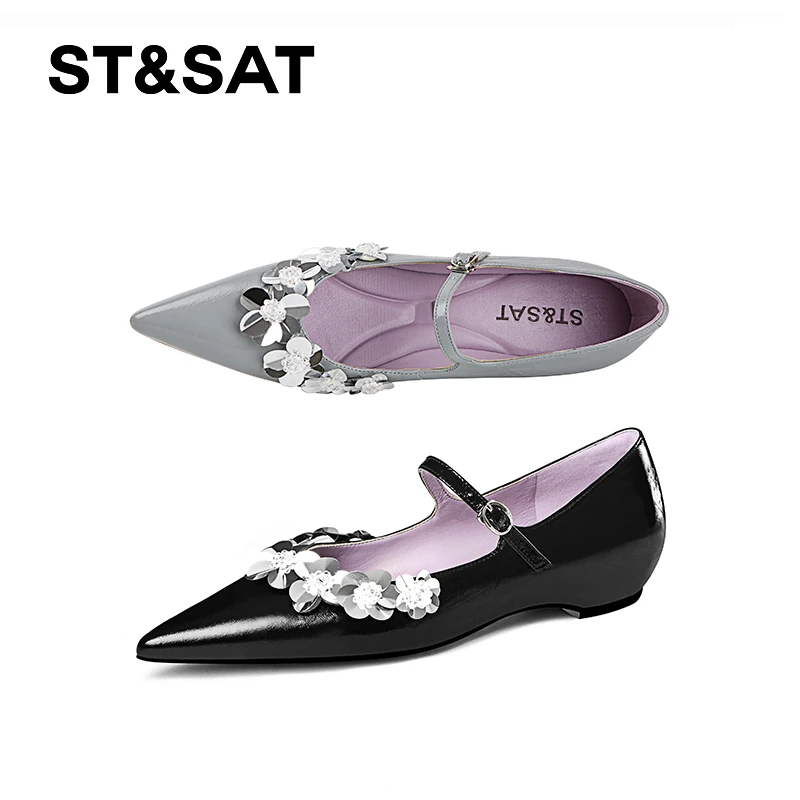 St&Sat/星期六复古玛丽珍鞋百搭花朵尖头浅口时尚休闲真皮单鞋