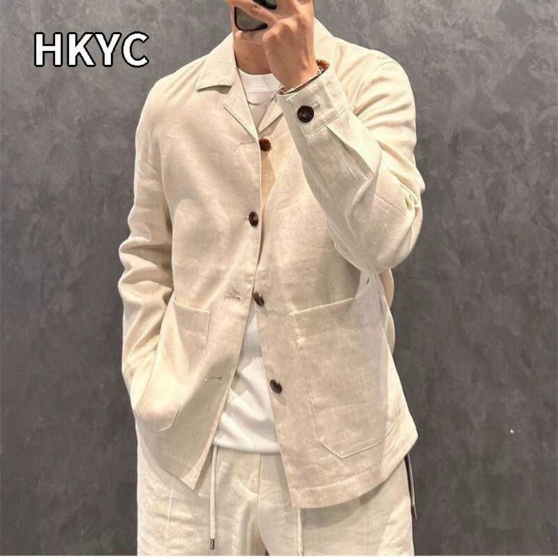 HKYC春秋新款高级感痞帅休闲亚麻西服外套男潮流百搭复古翻领西装