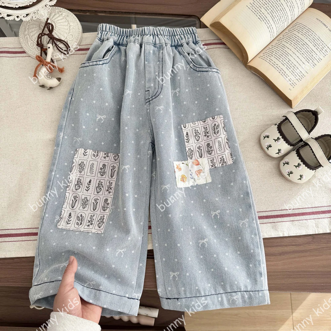 2025春季新款儿童牛仔裤女童宽松休闲印花小众设计款直筒长裤
