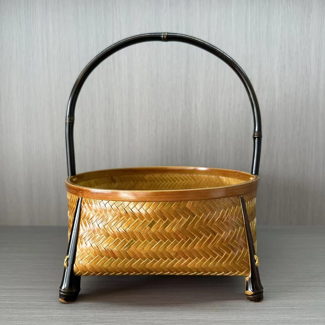 高山楠竹手工竹编提篮紫竹把手水果收纳外出携带适用