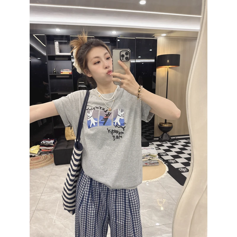 【黑白狗】夏季ins宽松纯棉短袖t韩系2025新款印花卡通百搭Q0110