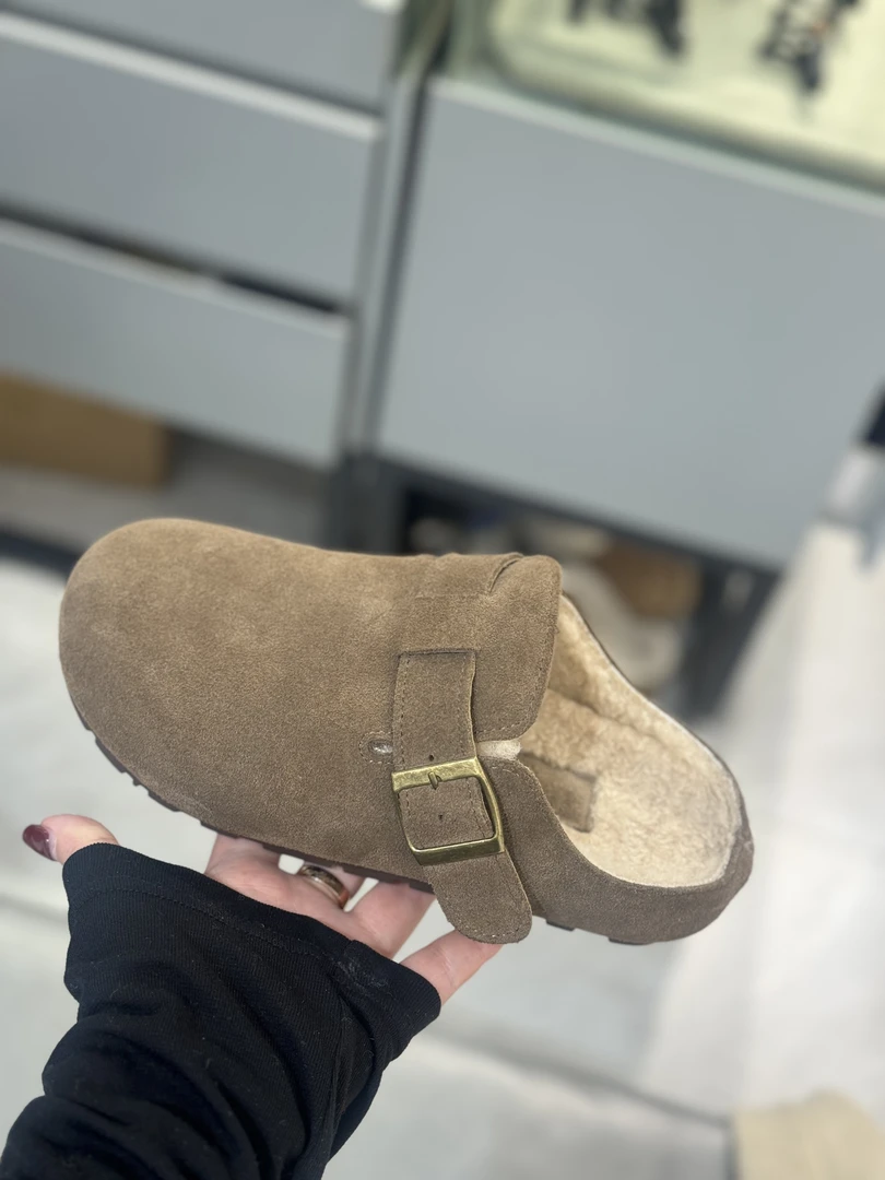 真皮勃肯鞋女加绒保暖毛毛拖包头半托外穿拖鞋