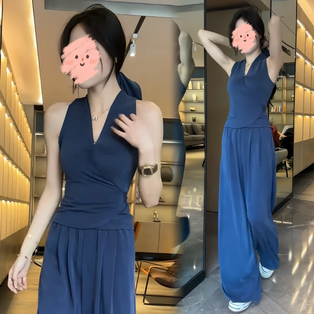 夏季新款设计感绑带挂脖背心上衣女高腰休闲阔腿裤御姐轻熟套装款