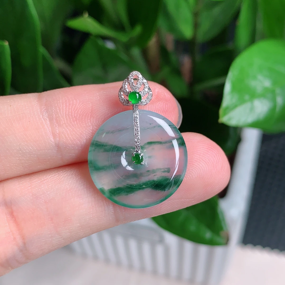 天然翡翠A货，18k金冰种飘花平安扣挂件26*20*3.6mm0530时尚冰透