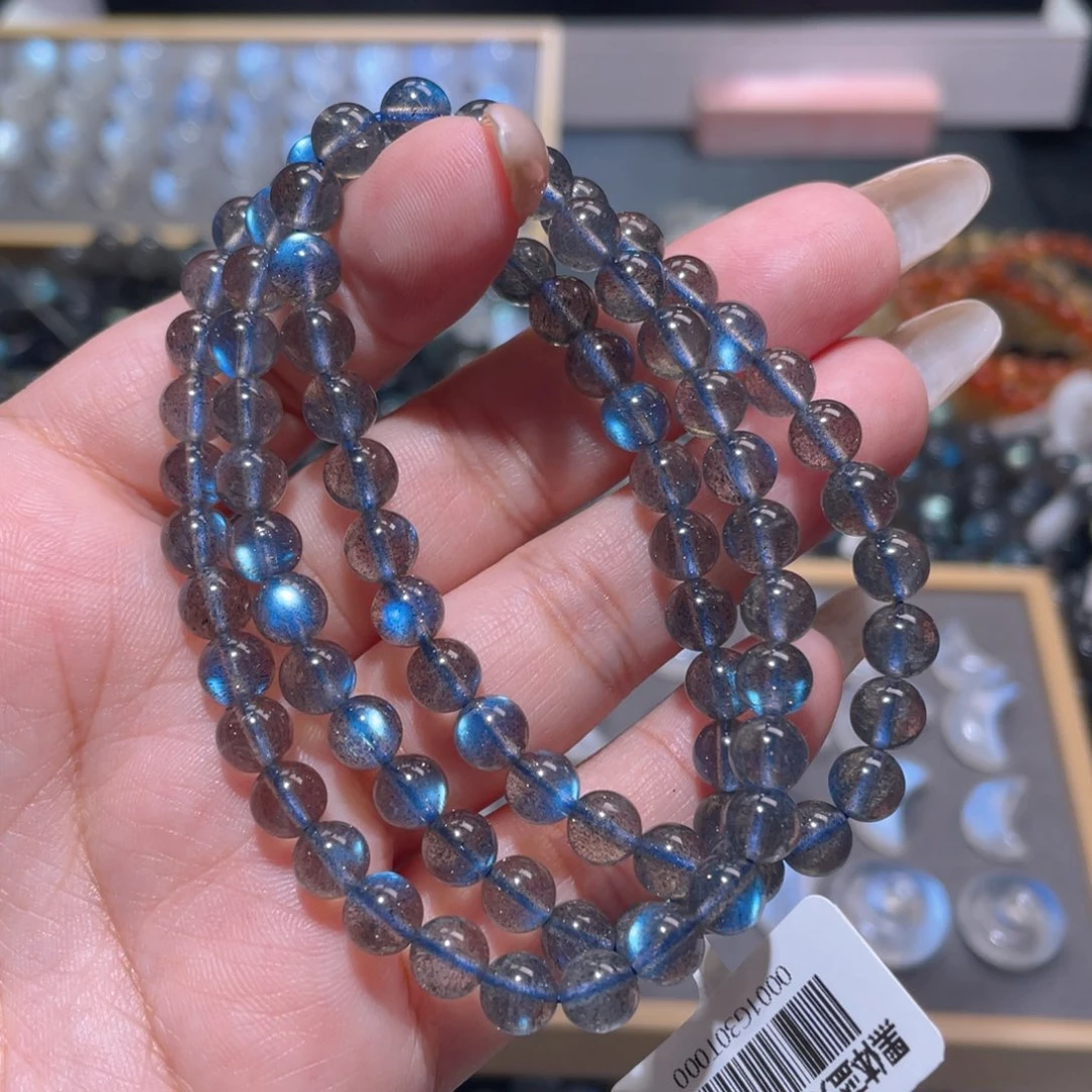 小***鱼未镶嵌长石手链马岛黑体纯蓝光灰月光手链多圈6mm+