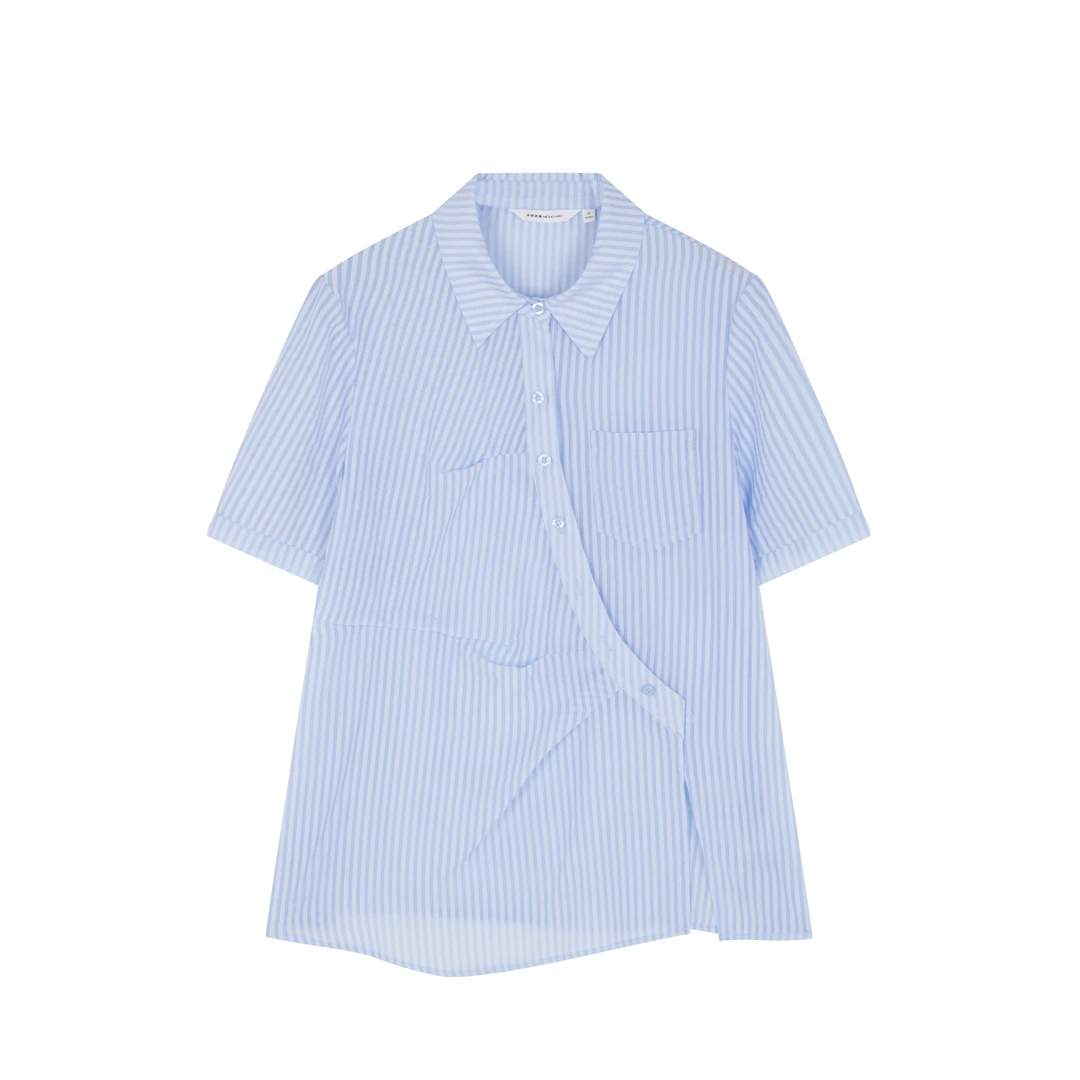 沫晗依美设计感不对称休闲条纹短袖衬衫秋季百搭宽松时髦衬衫