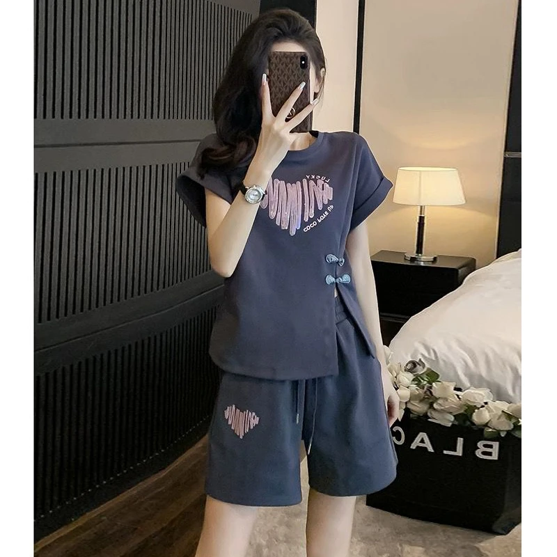 1243时尚宽松休闲短袖短裤套装2024夏新中式国风洋气两件套