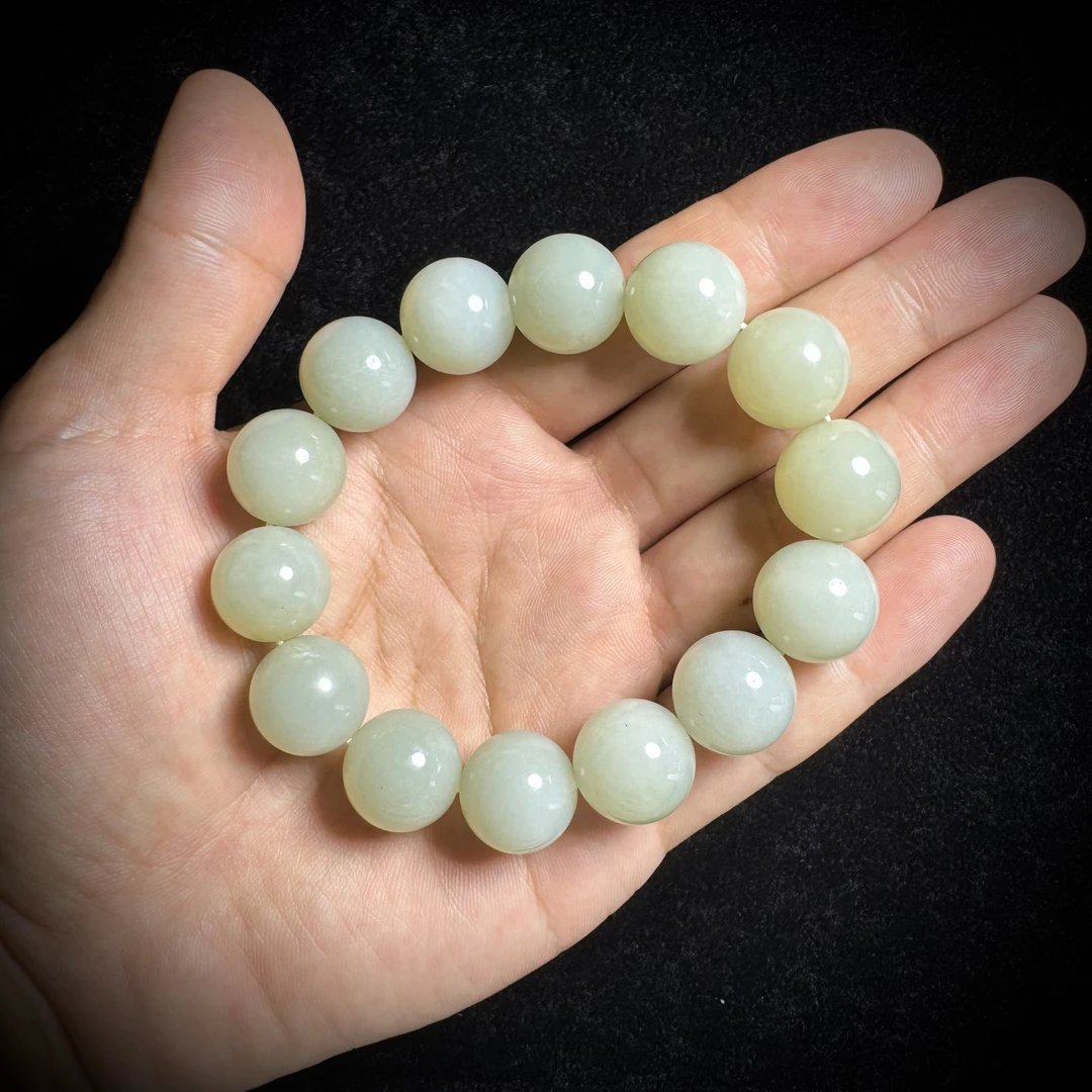 和田玉手串卡15+手串大珠手串大珠子青色素圈精美时尚单圈大手串